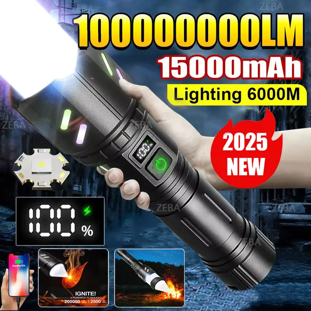Most Powerful 200000LM Tactical Flashlight Firestarter High Power Led Flashlight Type-C Rechargeable Torch Laser Pointer Outdoor