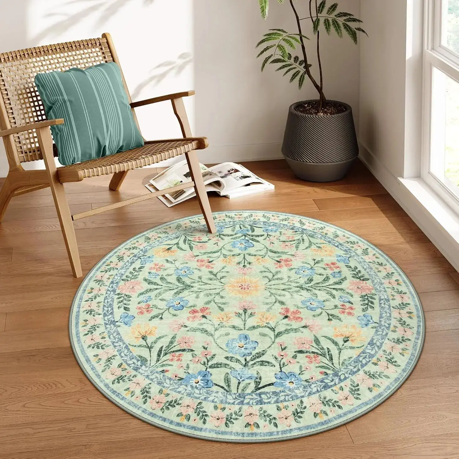 VIKAMA French Vintage Floral Pattern Round Rug - Mid-century Style Rug for Living Room, Bedroom, Water and Oil Resistant