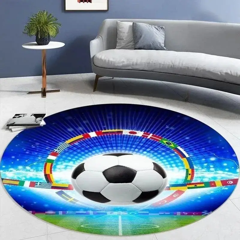 VIKAMA Children's Soccer Rug - Cartoon Soccer Field Round Mat for Bedroom, Non-Slip Learning Chair Floor Protection Mat - Image 2