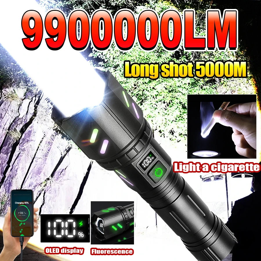 2025 Most Powerful LED Flashlight White Laser Concentrated Ignition Flashlights Power Display Tactical Torch Outdoor Survival