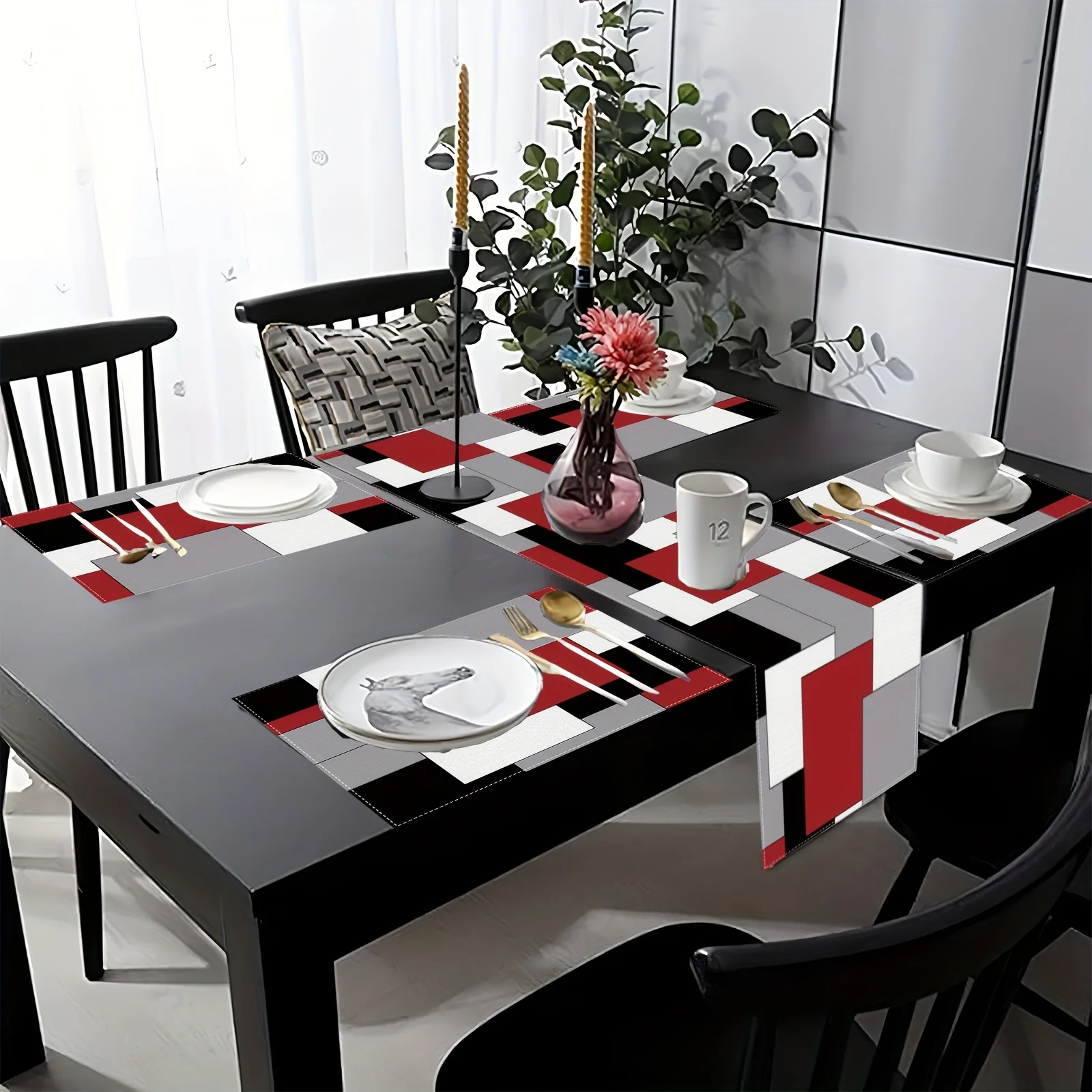 VIKAMA 5/7PC Geometric Color Block Placemat Table Flag Set Red Black Gray Restaurant Cafe Modern Decor Luxury Style Arrangement - Image 4
