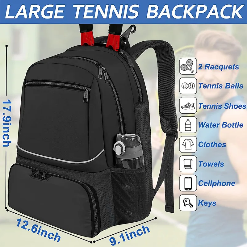 Professional Racquet Tennis Backpack with Shoes Pocket Badminton Bag Sports Racket Pack Holds 1-2 Tennis Rackets Gym Fitness Bag - Image 6