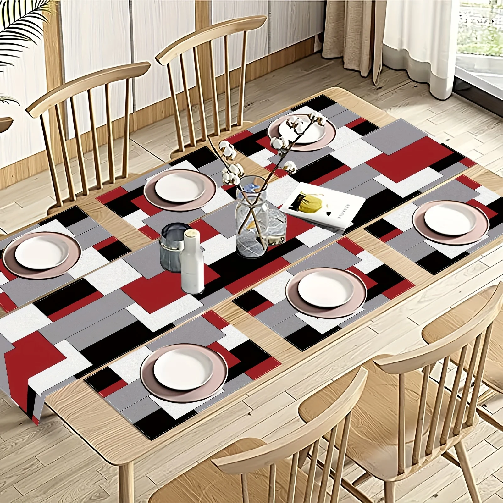 VIKAMA 5/7PC Geometric Color Block Placemat Table Flag Set Red Black Gray Restaurant Cafe Modern Decor Luxury Style Arrangement - Image 2