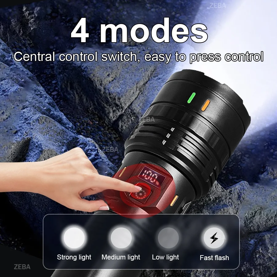 990000000LM High Power LED Flashlights Rechargeable Light Waterproof Torch Power Display Ultra Powerful Torch Lamp For Fishing - Image 3