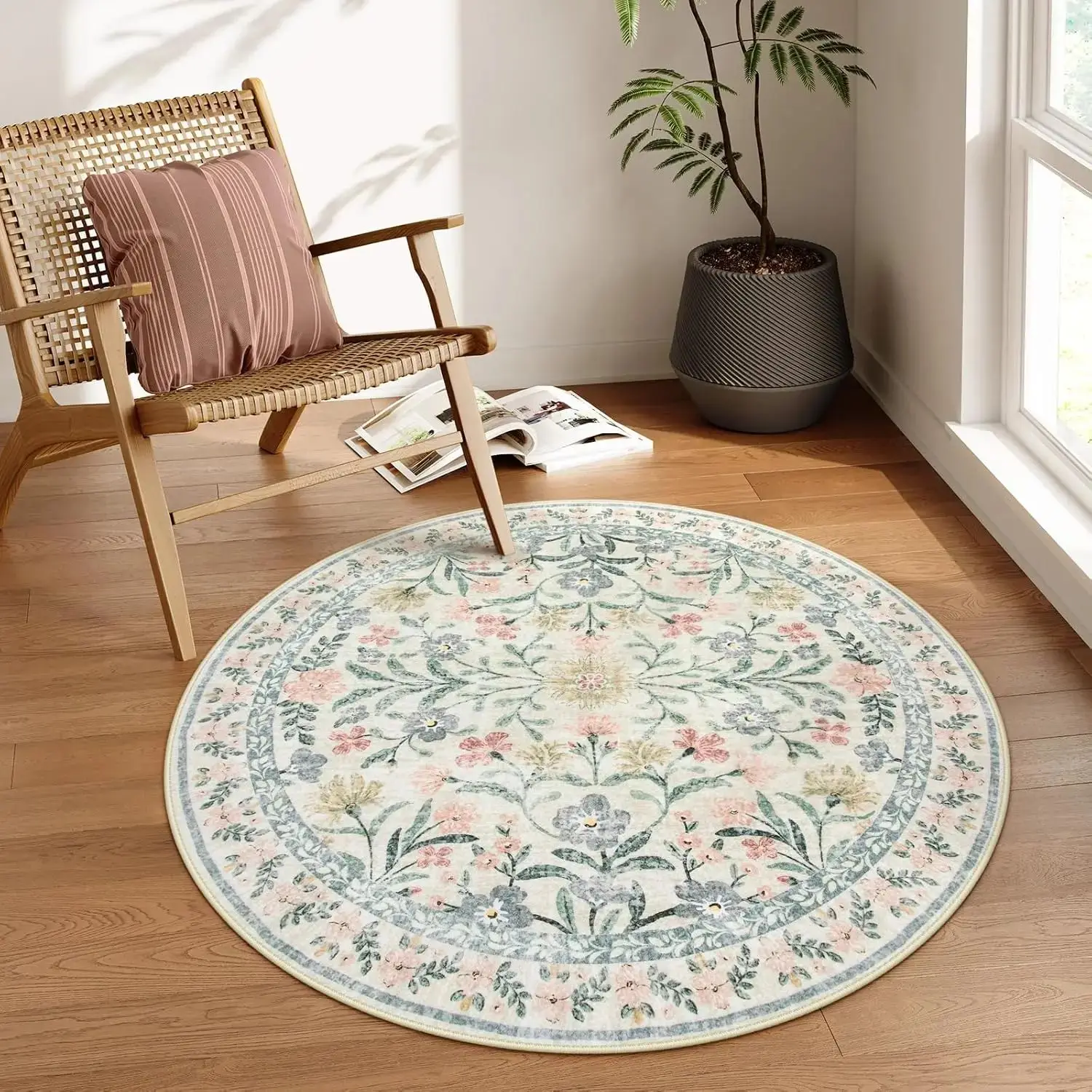 VIKAMA French Vintage Floral Pattern Round Rug - Mid-century Style Rug for Living Room, Bedroom, Water and Oil Resistant - Image 2