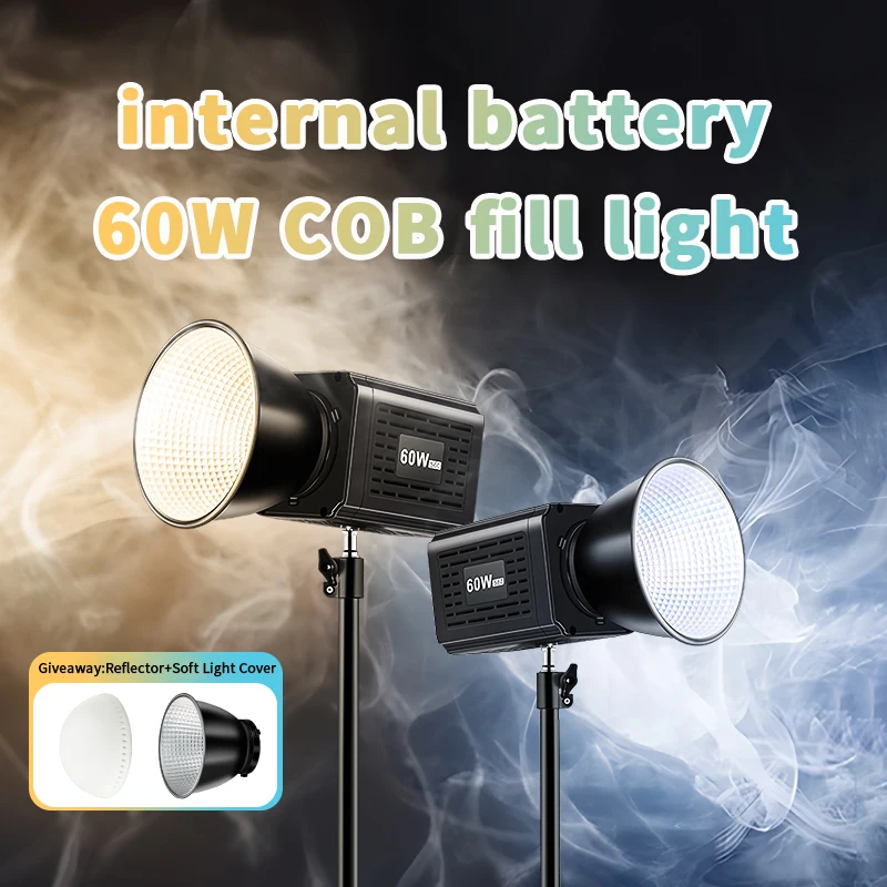 60W Bi-Color COB Photography Fill Light Built-in Battery Handheld Continuous Output Lighting Outdoor Video Shooting LED Lights