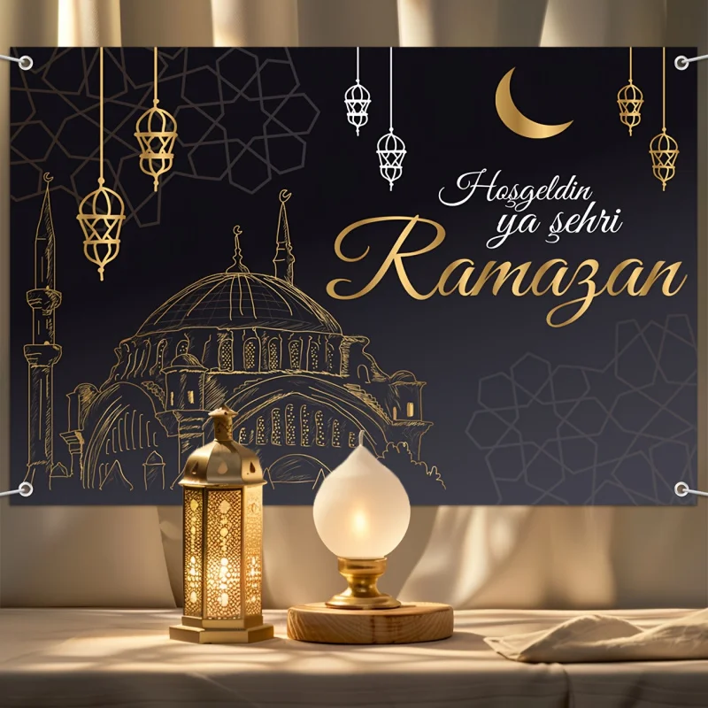 VIKAMA Ramadan Banner Backdrop with Black Gold Mosque Geometric Patterns Lanterns and Moon Star for Muslim Party Decorations