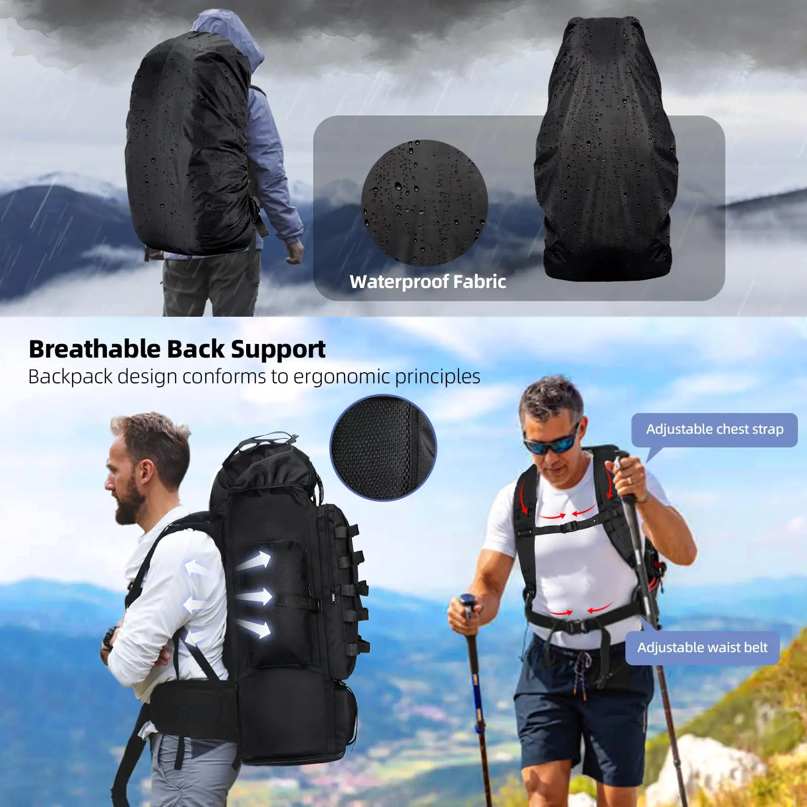 70L100L Camping Backpack Large Travel Bag for Men with Rain Cover Waterptoof Outdoor Sports Shoulder Tactical Molle Hiking Bag - Image 3