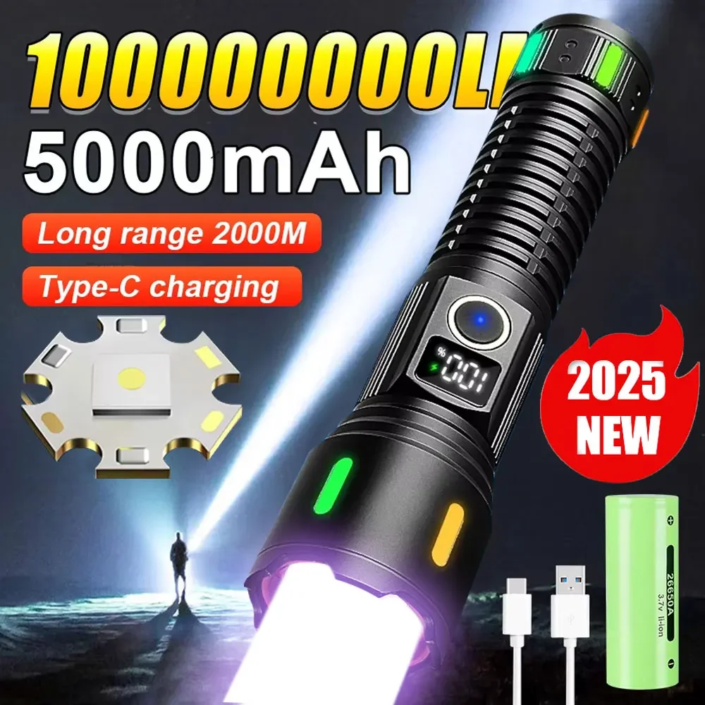 High Power LED Flashlight With Side Light Zoomable EDC Lamp USB Rechargeable Tactical Torch Waterproof Camping Emergency Lantern
