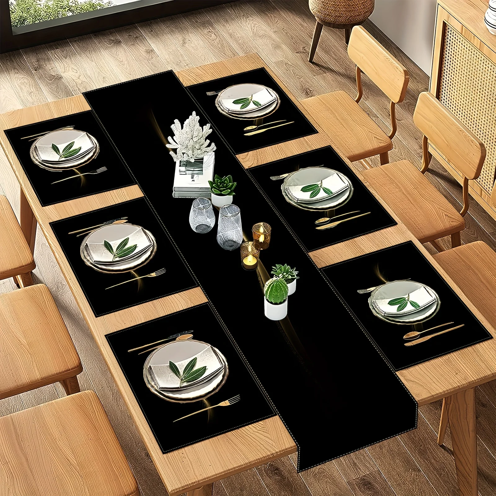 VIKAMA 5/7PC Luxury Table Mat and Table Flag Set for Restaurant and Cafe Decoration Linen Fabric Home Decoration