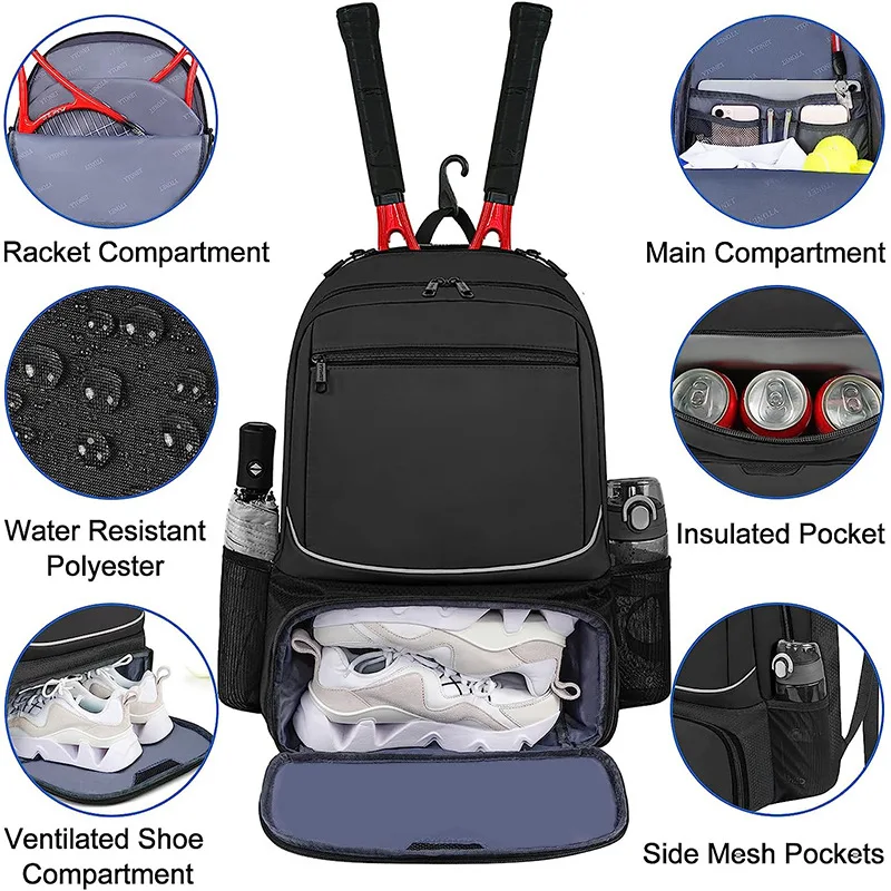 Professional Racquet Tennis Backpack with Shoes Pocket Badminton Bag Sports Racket Pack Holds 1-2 Tennis Rackets Gym Fitness Bag - Image 2