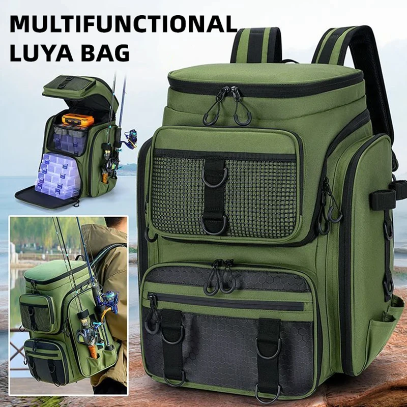 Fishing Backpack with Rod Holders Fish Tackle 42L Storage Gear Equipment Bag Multi-functional Camping Outdoor Organizer Lure Bag