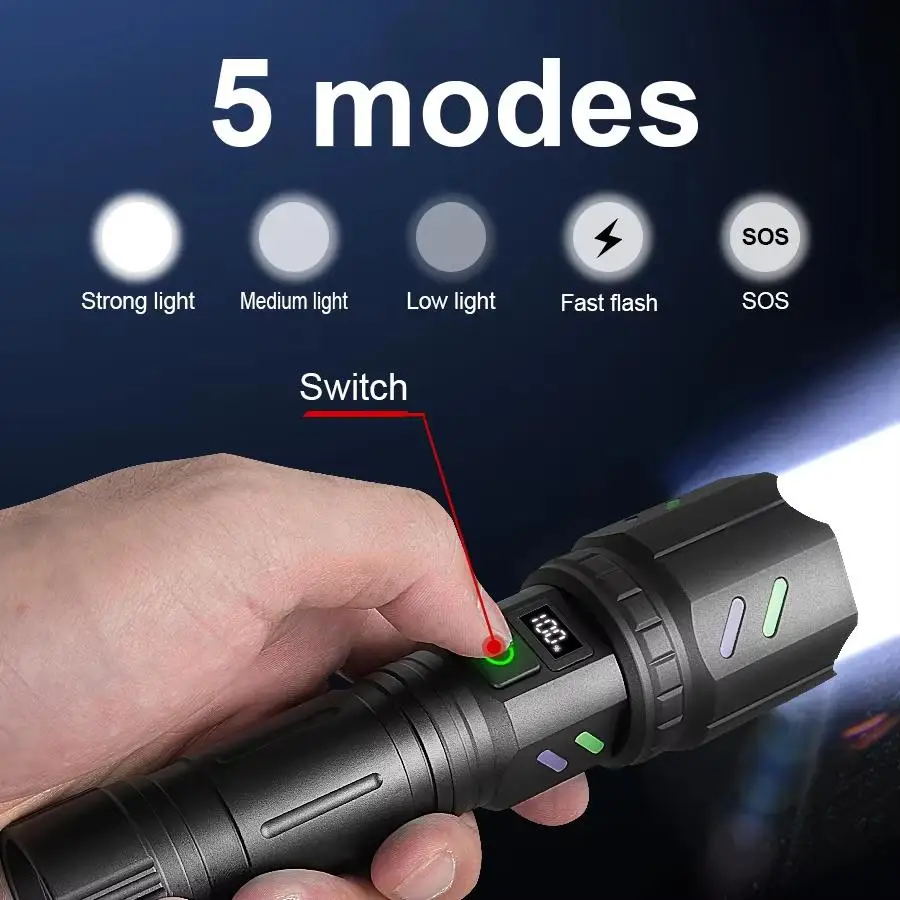 Most Powerful 200000LM Tactical Flashlight Firestarter High Power Led Flashlight Type-C Rechargeable Torch Laser Pointer Outdoor - Image 4