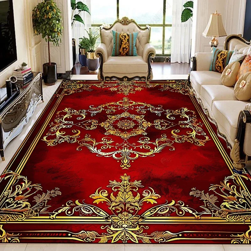 VIKAMA American Light Luxury Floral Living Room Carpet Mats European Retro Bedroom Red, Gold And Black Color Home Decoration