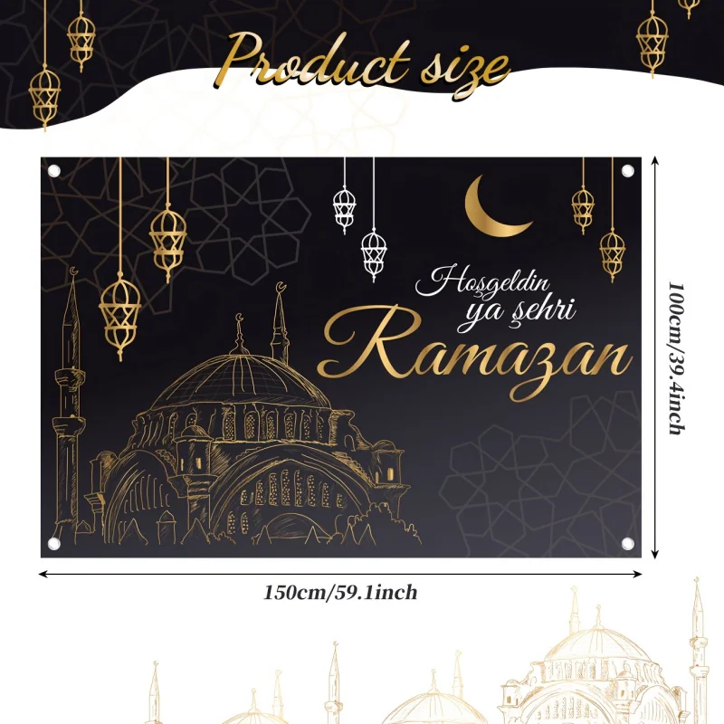 VIKAMA Ramadan Banner Backdrop with Black Gold Mosque Geometric Patterns Lanterns and Moon Star for Muslim Party Decorations - Image 5