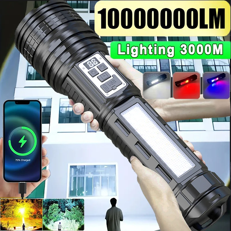 1000000lm Most Powerful Led Flashlight USB Rechargeable Flashlights Strong Light Military Tactical Lantern Camping Outdoor Torch