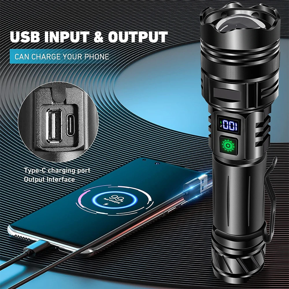 High Power LED Flashlight USB Rechargeable Powerful Strong Light Lantern Portable Tactical Pen Holder Torch For Outdoor Camping - Image 5