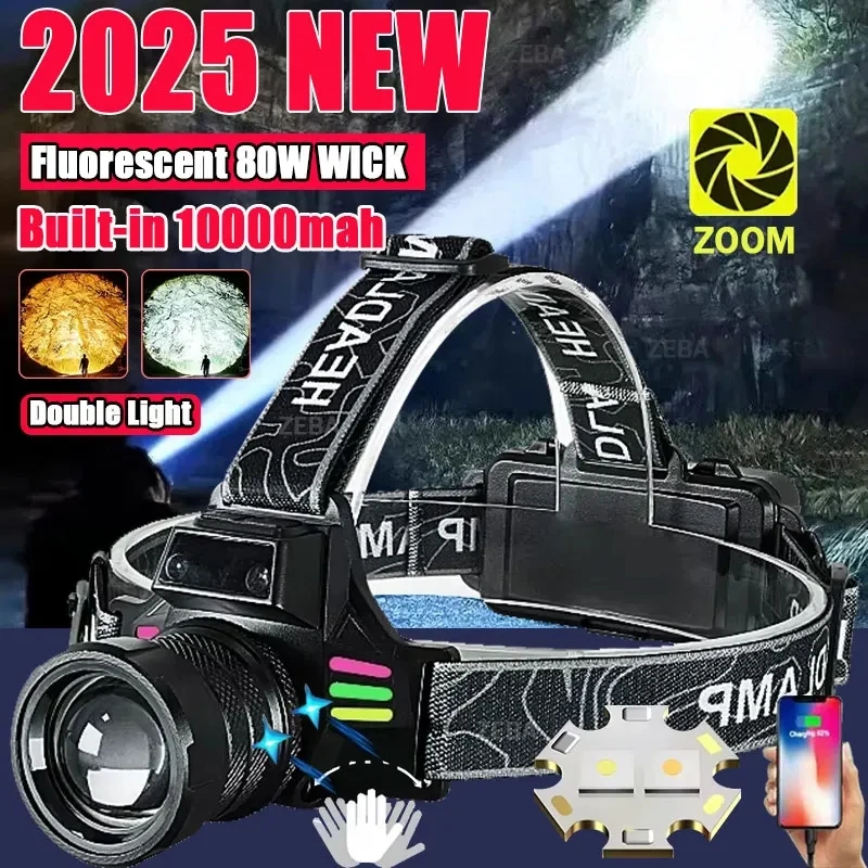 USB Rechargeable Head Lamp White Laser Sensor Headlight High Power Headlamp with COB Light Telescopic Zoom High Lumen Head Torch