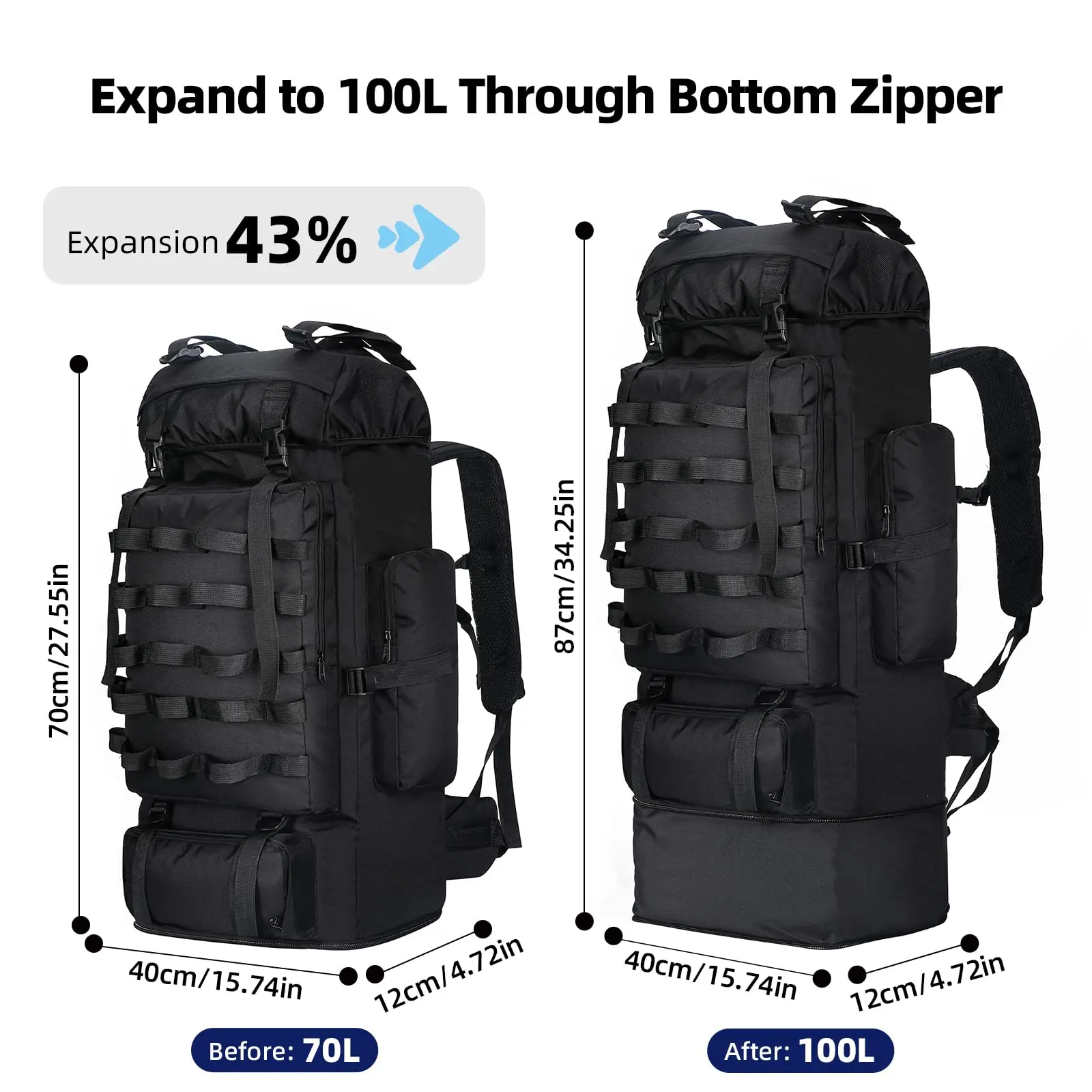 70L100L Camping Backpack Large Travel Bag for Men with Rain Cover Waterptoof Outdoor Sports Shoulder Tactical Molle Hiking Bag - Image 2
