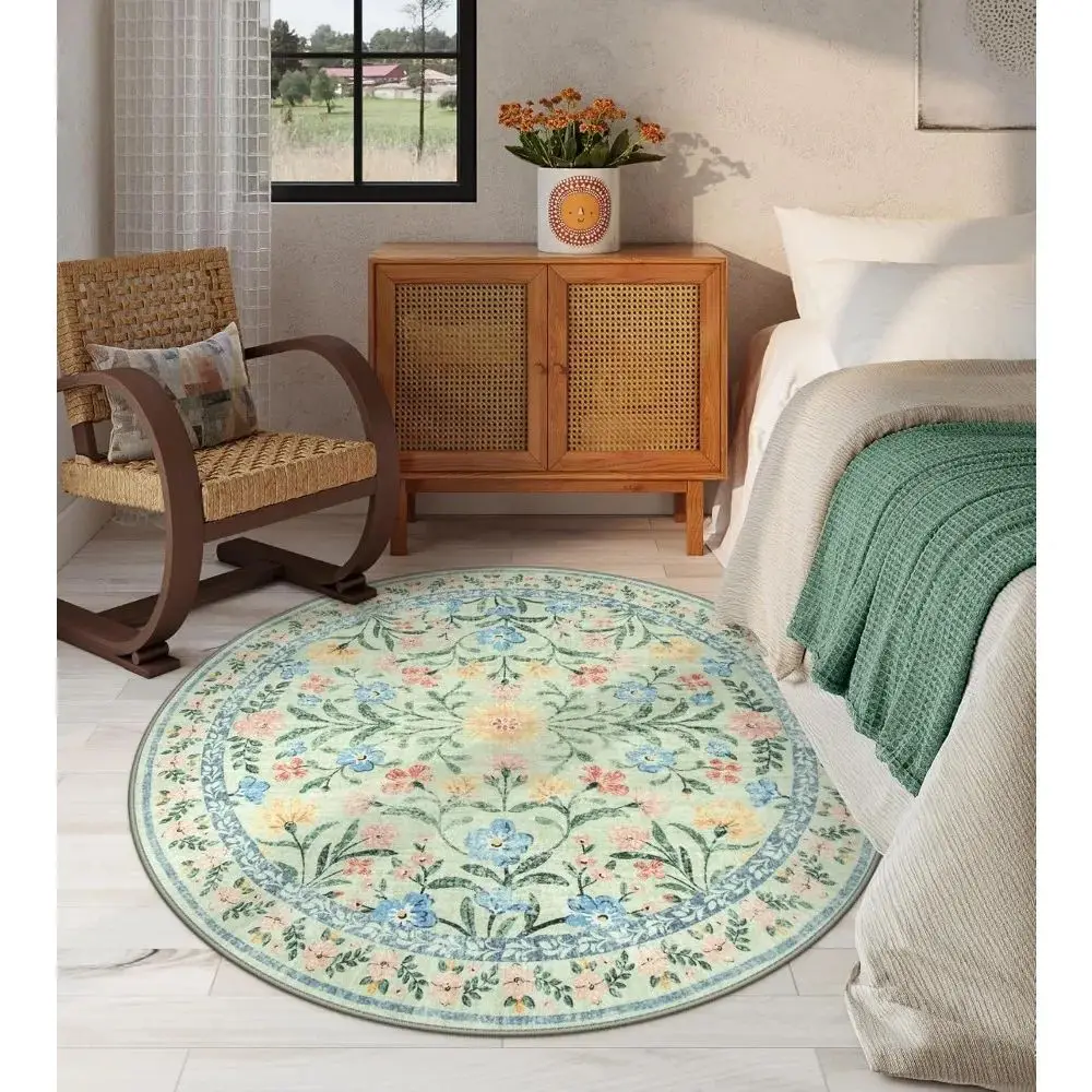 VIKAMA French Vintage Floral Pattern Round Rug - Mid-century Style Rug for Living Room, Bedroom, Water and Oil Resistant - Image 4