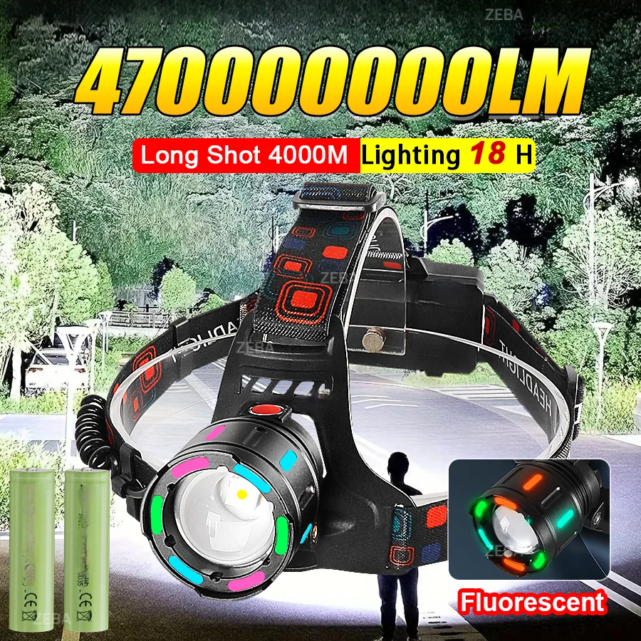 Ultra Powerful LED Headlamp 47000000LM Super Bright Long Shot 4000M Head Flashlight 18650 Rechargeable Head Lantern For Fishing