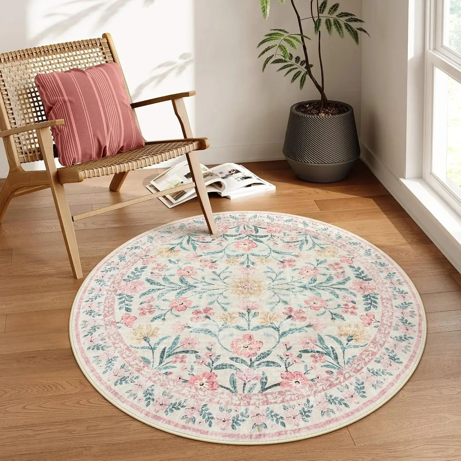 VIKAMA French Vintage Floral Pattern Round Rug - Mid-century Style Rug for Living Room, Bedroom, Water and Oil Resistant - Image 3