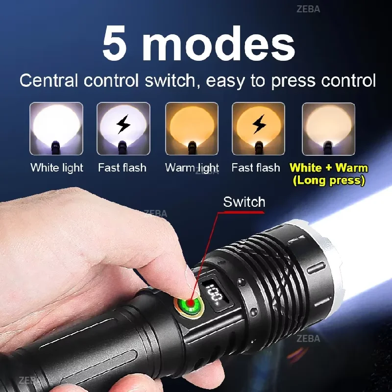 3000K/6000K High Power LED Flashlight Rechargeable Flashlight Zoomable Torch for Lighting in Rainy Hiking and Emergency Lighting - Image 4