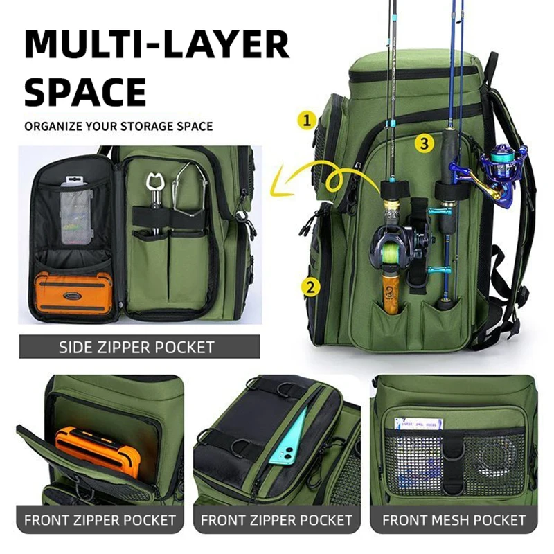 Fishing Backpack with Rod Holders Fish Tackle 42L Storage Gear Equipment Bag Multi-functional Camping Outdoor Organizer Lure Bag - Image 3