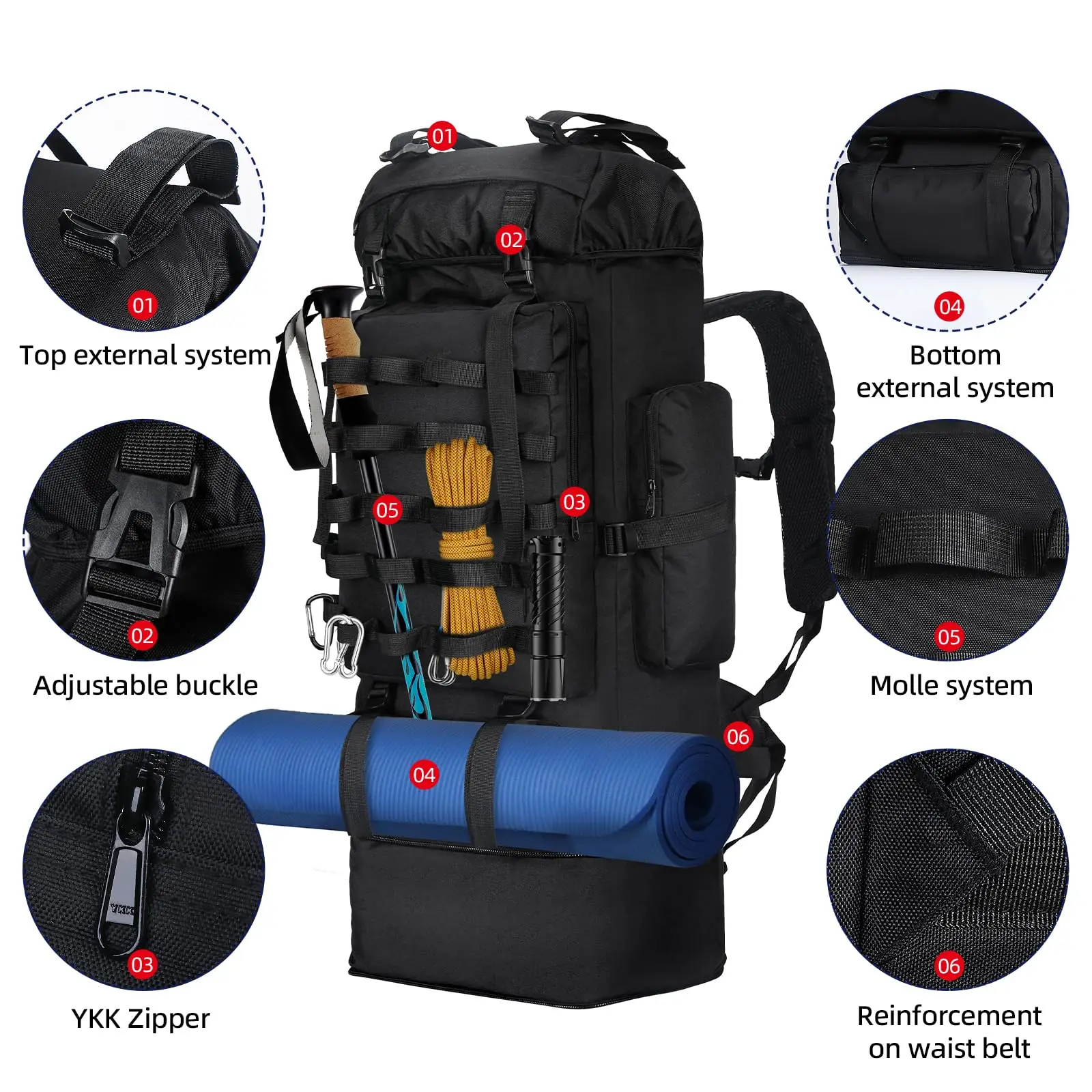 70L100L Camping Backpack Large Travel Bag for Men with Rain Cover Waterptoof Outdoor Sports Shoulder Tactical Molle Hiking Bag - Image 6