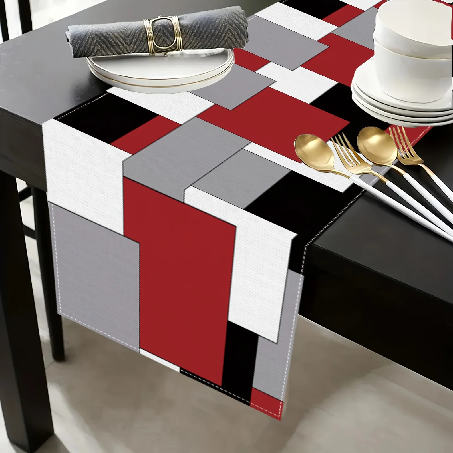 VIKAMA 5/7PC Geometric Color Block Placemat Table Flag Set Red Black Gray Restaurant Cafe Modern Decor Luxury Style Arrangement - Image 3