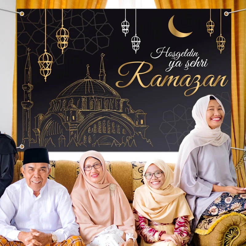 VIKAMA Ramadan Banner Backdrop with Black Gold Mosque Geometric Patterns Lanterns and Moon Star for Muslim Party Decorations - Image 2