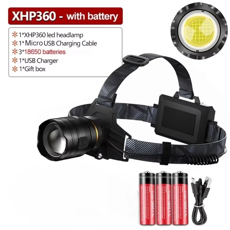 Super Bright XHP360 LED Headlamp USB Rechargeable Powerful Headlight Zoom Head Flashlight Waterproof Lamp For Camping Fishing