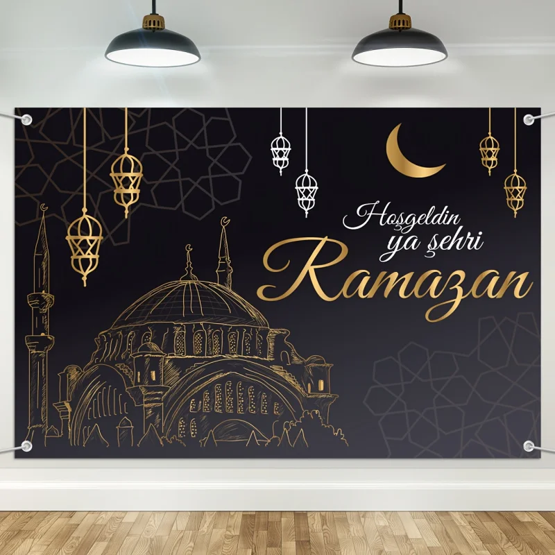 VIKAMA Ramadan Banner Backdrop with Black Gold Mosque Geometric Patterns Lanterns and Moon Star for Muslim Party Decorations - Image 3