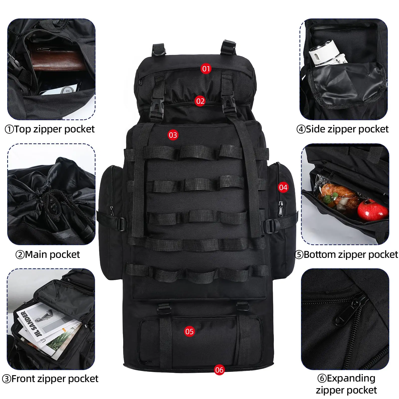 70L100L Camping Backpack Large Travel Bag for Men with Rain Cover Waterptoof Outdoor Sports Shoulder Tactical Molle Hiking Bag - Image 5