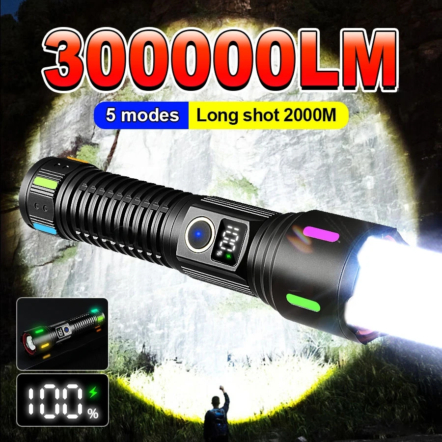 1000000LM High Power LED Flashlight USB Rechargeable Strong Light Torch Long Range Zoom Tactical Flashlight Outdoor Fishing Lamp