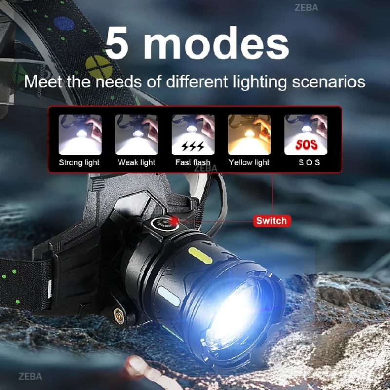 2026 Powerful LED Headlamp Type-C Rechargeable Headlight 3*18650 Head Flashlights High Power Head Lamp Fishing Zoom Headlights - Image 4