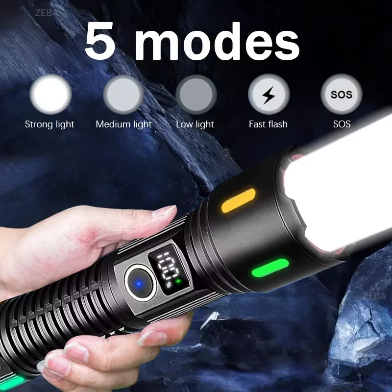High Power LED Flashlight With Side Light Zoomable EDC Lamp USB Rechargeable Tactical Torch Waterproof Camping Emergency Lantern - Image 4
