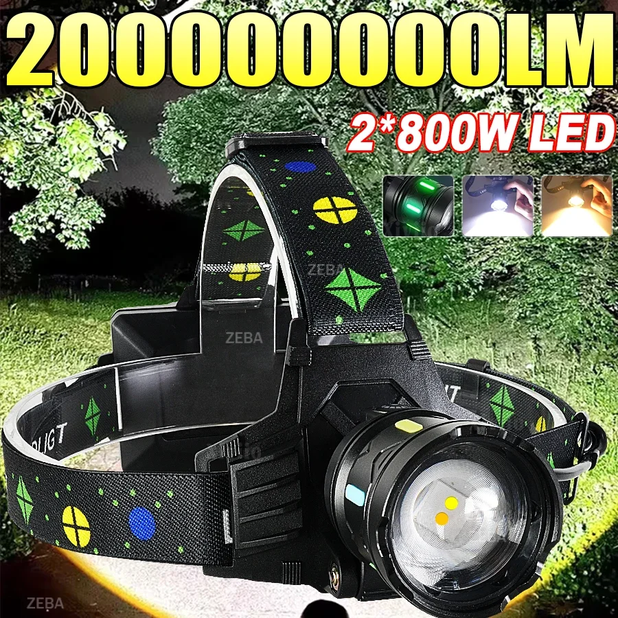 2026 Powerful LED Headlamp Type-C Rechargeable Headlight 3*18650 Head Flashlights High Power Head Lamp Fishing Zoom Headlights