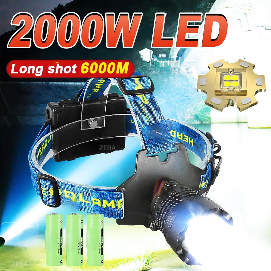 New Super Bright 2000W LED Headlamp High Power Long Range 6000M Head Flashlight 18650 Rechargeable Headlight Fishing Head Torch