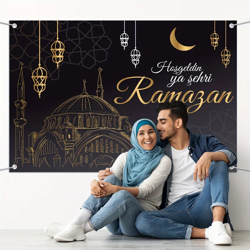 VIKAMA Ramadan Banner Backdrop with Black Gold Mosque Geometric Patterns Lanterns and Moon Star for Muslim Party Decorations - Image 4
