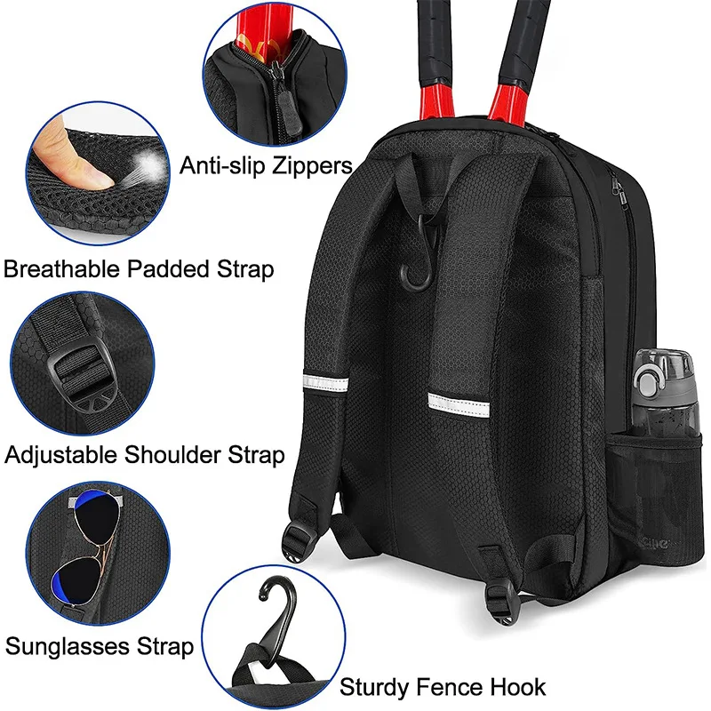 Professional Racquet Tennis Backpack with Shoes Pocket Badminton Bag Sports Racket Pack Holds 1-2 Tennis Rackets Gym Fitness Bag - Image 4