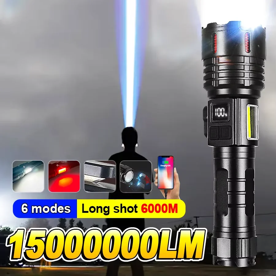 Most Powerful LED Flashlight Super Bright Rechargeable Torch Light Powerful Long Range 6000M Flash Light Camping Fishing Lantern